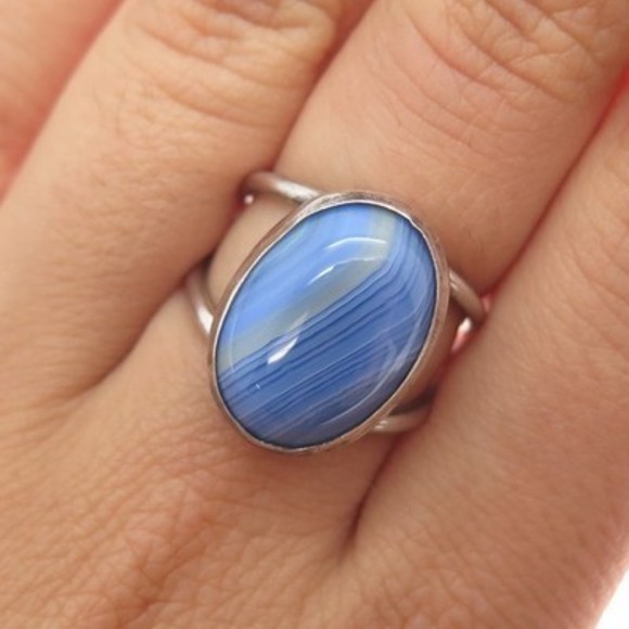 925 Sterling Silver Vintage Real Blue Lace Agate Modernist Ring Size 6.5 - Picture 1 of 8